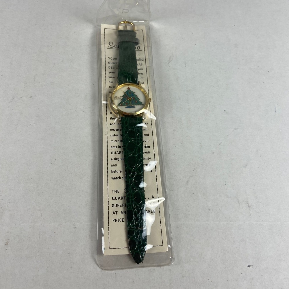 Schandra Pearl Quartz Christmas Tree Watch Gold Tone Green Band New in Package